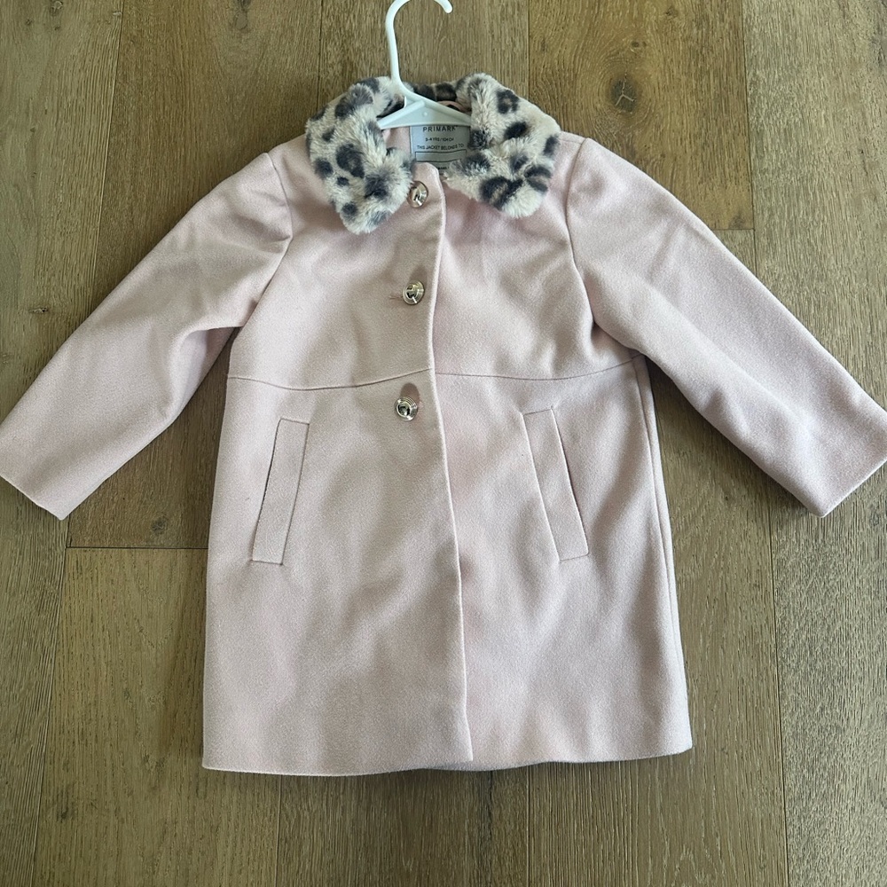 Primark Light Pink Kids Pea Coat with Animal Print Collar